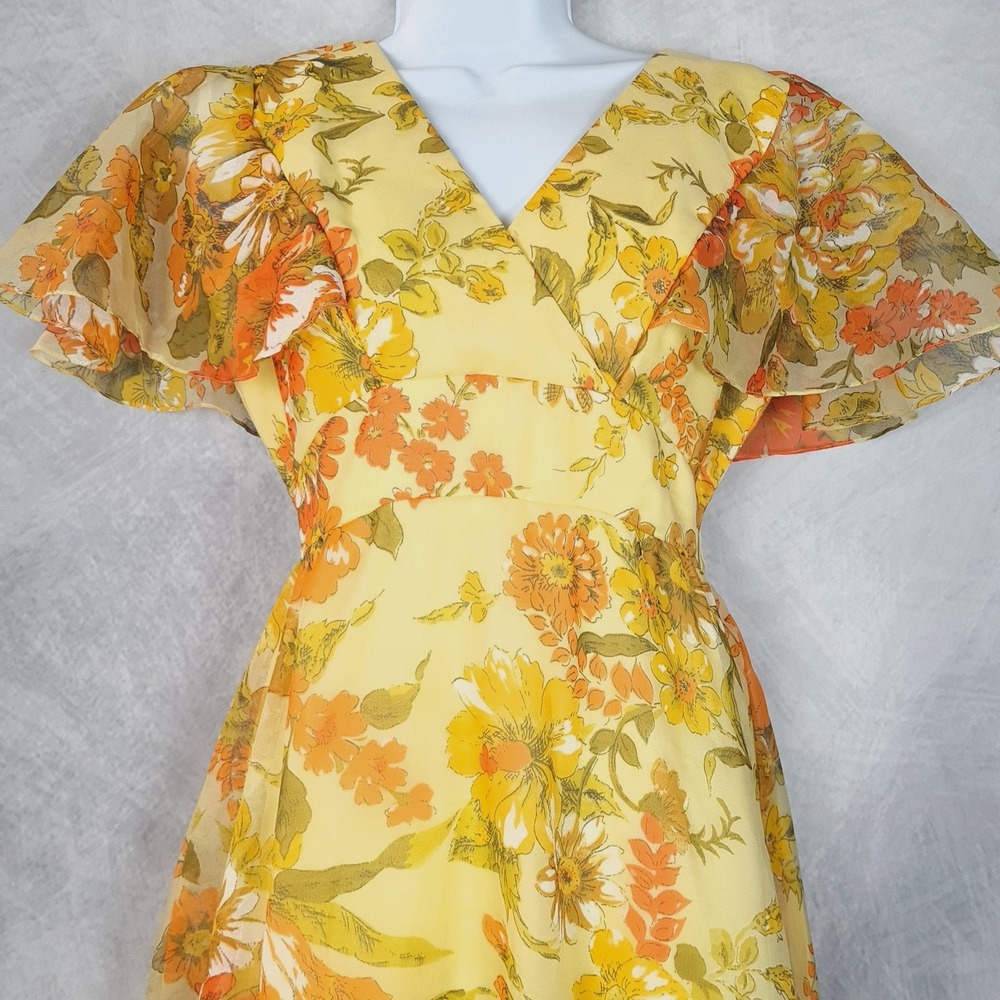 Vntg Floral Dress Jacket Womens 12 Yellow Chiffon Maxi 70s Mod Flutter Sleeve - Picture 4 of 16